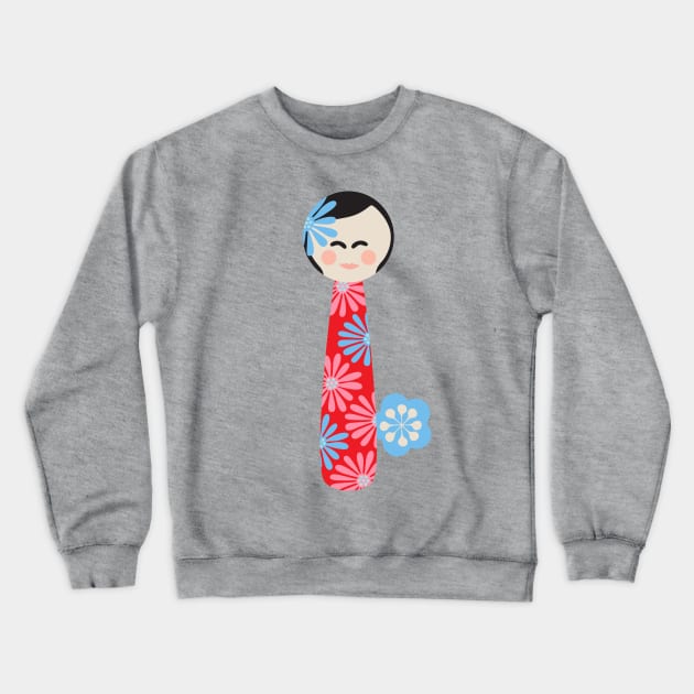 JAPANESE KOKESHI DOLL Flowers Bright Red Blue Pink - UnBlink Studio by Jackie Tahara Crewneck Sweatshirt by UnBlink Studio by Jackie Tahara